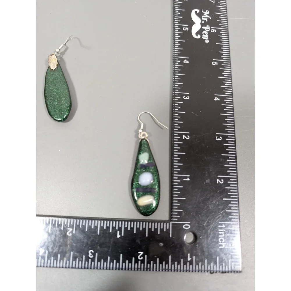 Handmade Fused Glass Green‎ Blue Teardrop Dangle Earrings Artisan